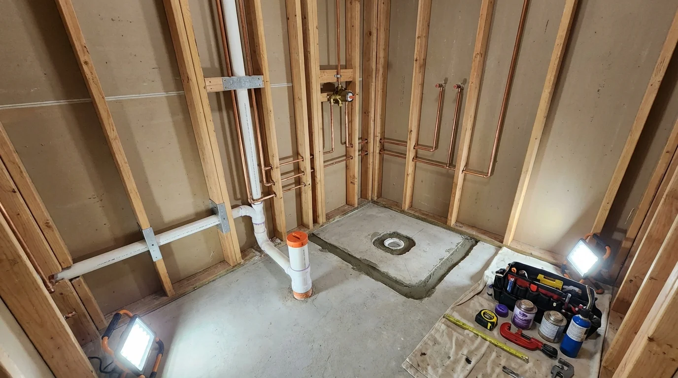 Bathroom rough-in plumbing during remodel by Johns Plumbing LLC in Epsom