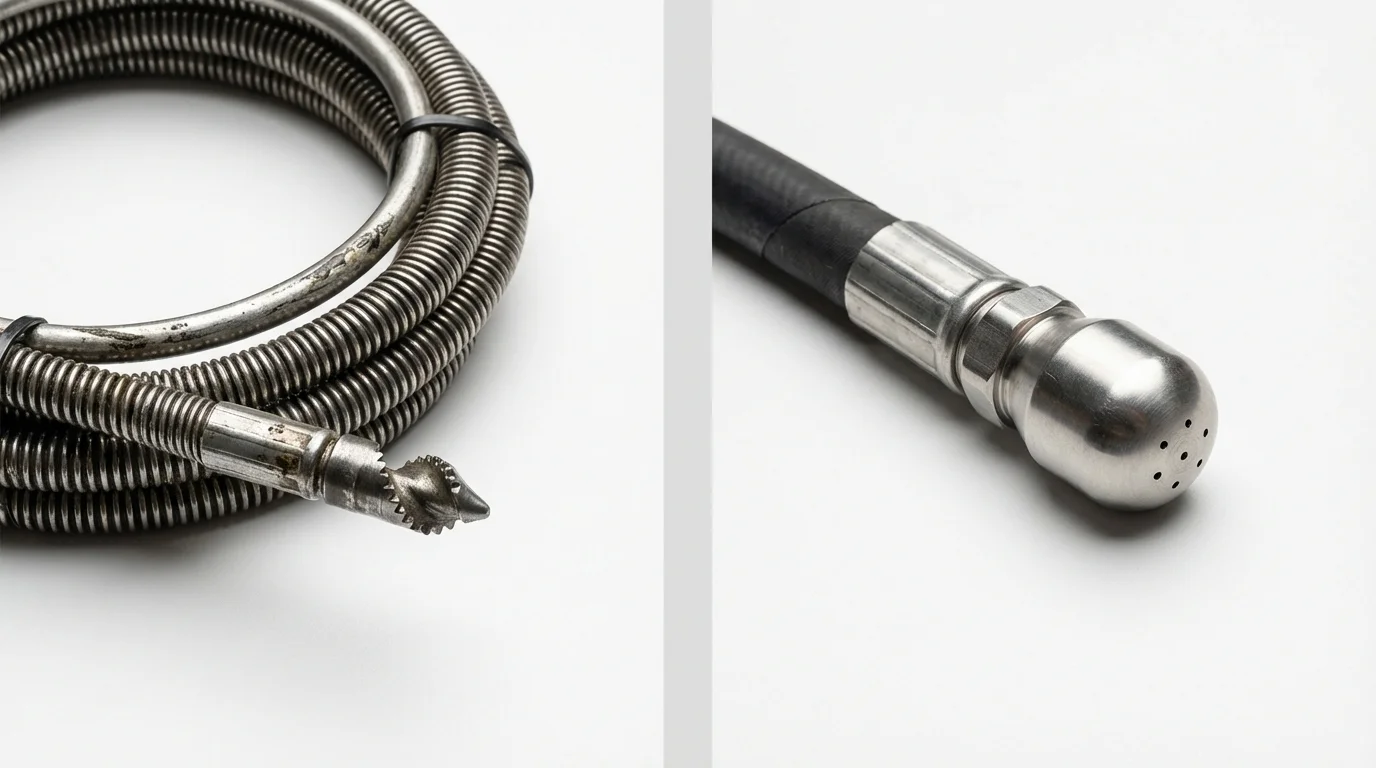 Drain snake cable and hydro jetting nozzle used for drain cleaning in Epsom, NH