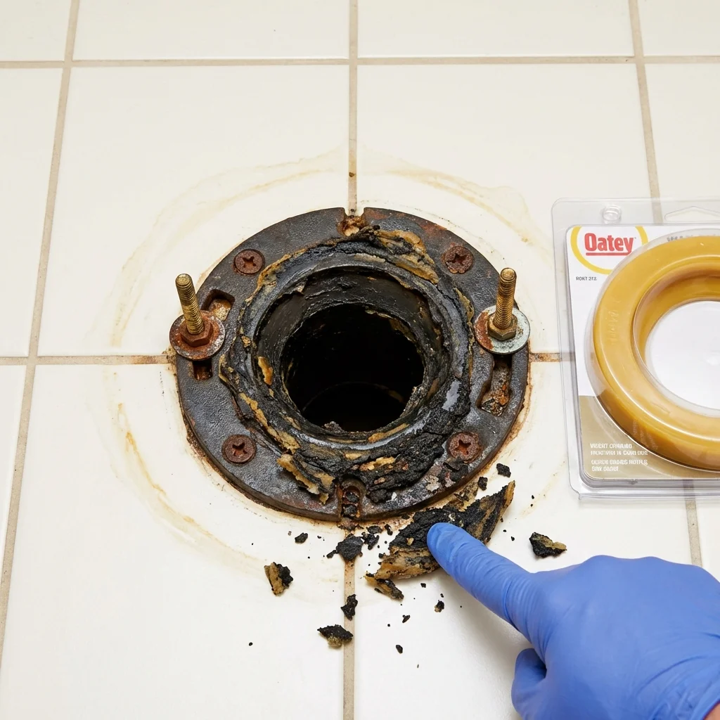Failed wax ring showing water seepage at the base of a toilet in a Epsom, NH home