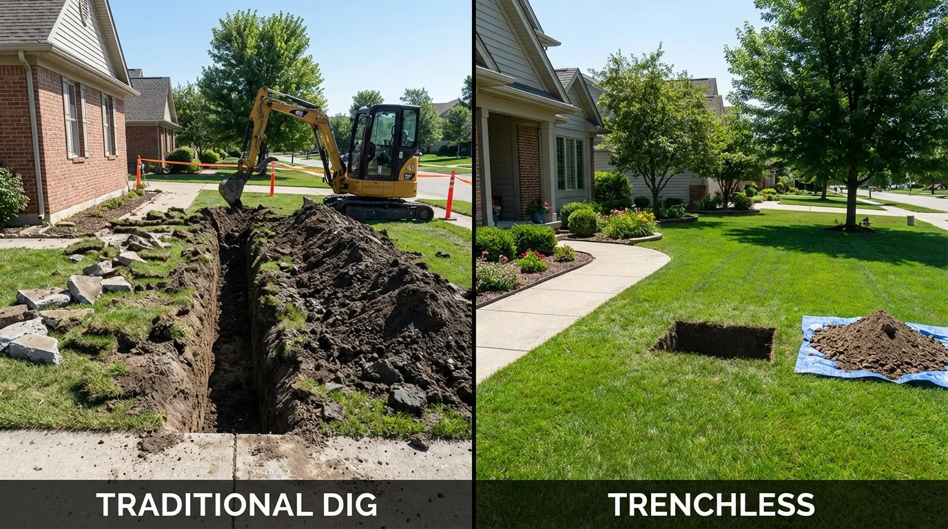 Trenchless sewer repair with minimal yard damage versus traditional excavation in Epsom, NH